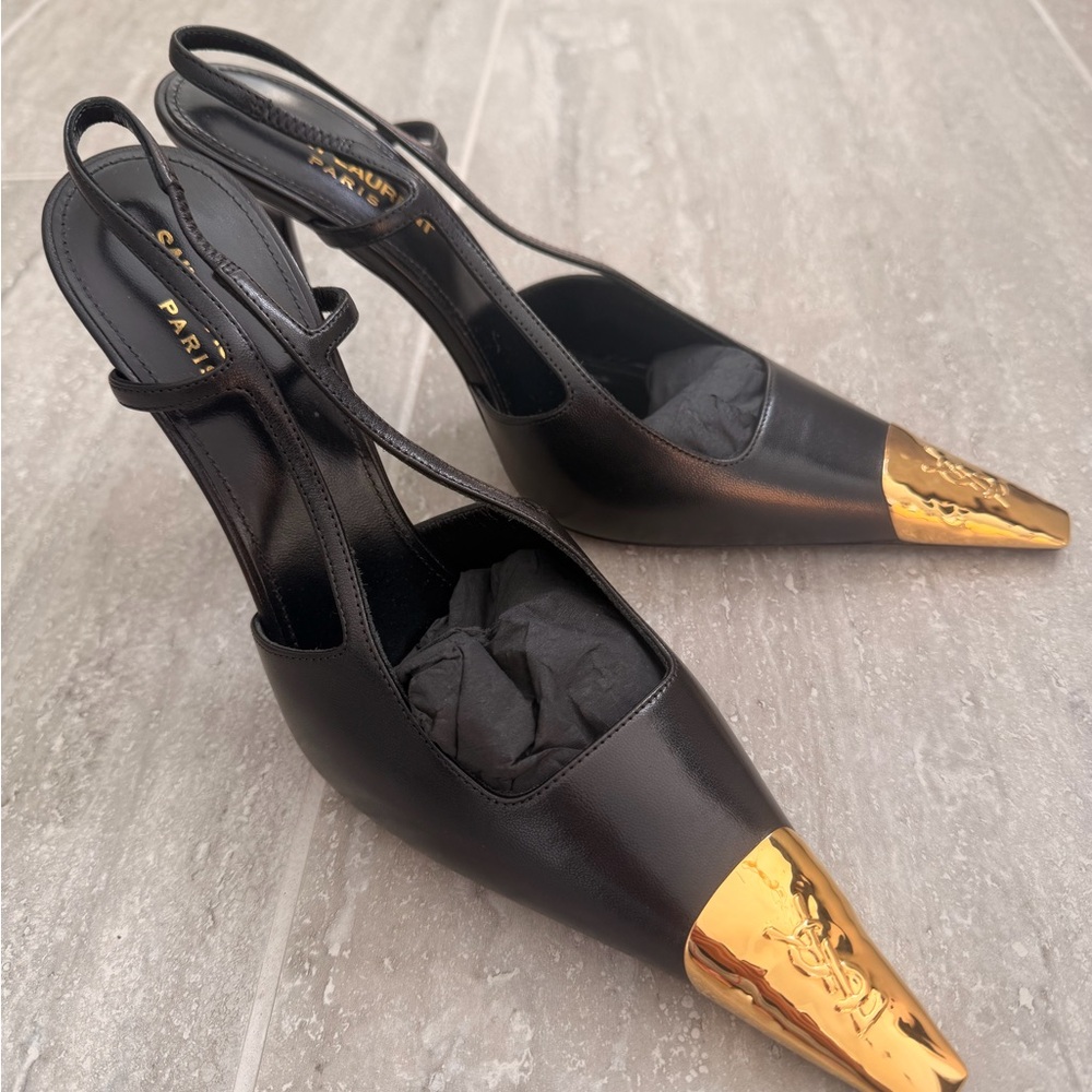 Brand New Saint Laurent Jeanne Black Slingback Heels with Gold Toe Accent - Picture 9 of 15